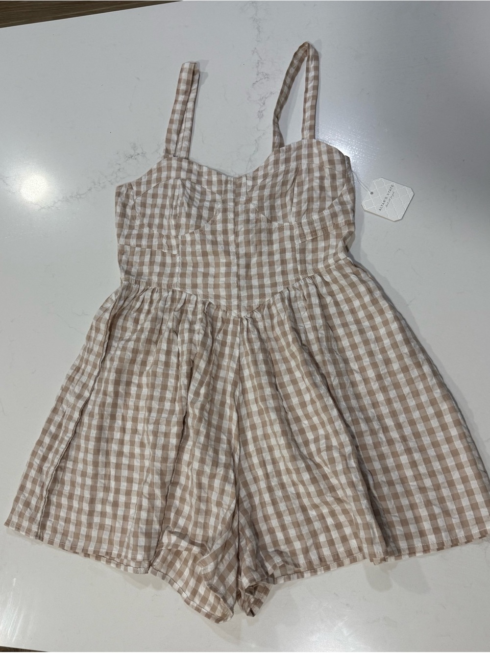 Altar'd State Beige and White Gingham Romper